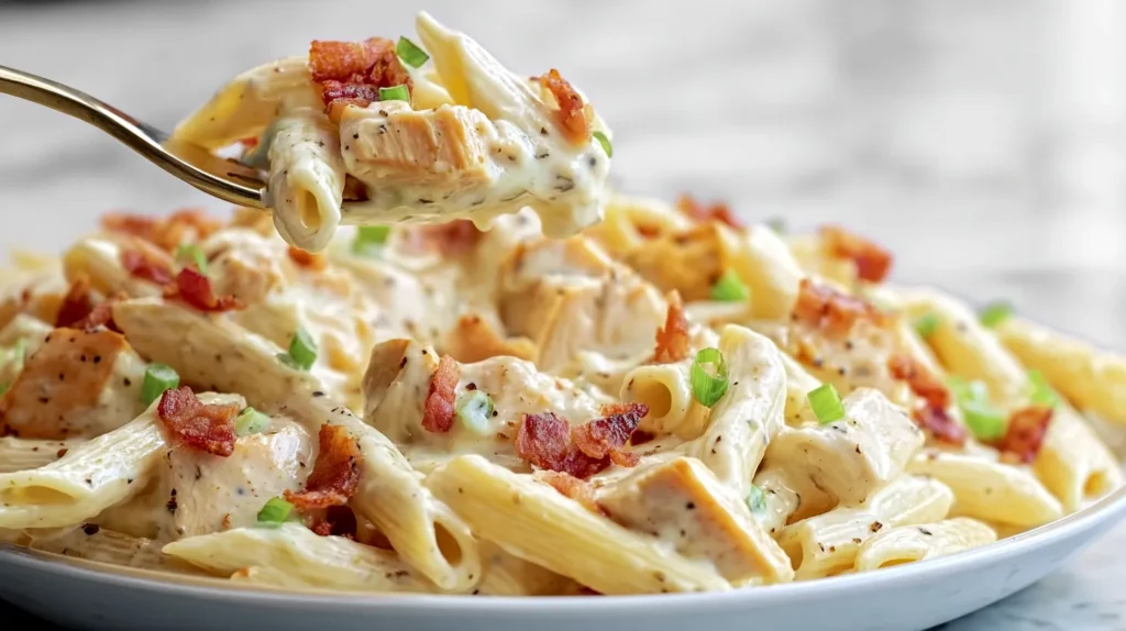 Fork lifting a bite of creamy chicken bacon ranch pasta above a white plate, with penne coated in ranch cheese sauce, bacon bits, and green onions on a white marble kitchen countertop.