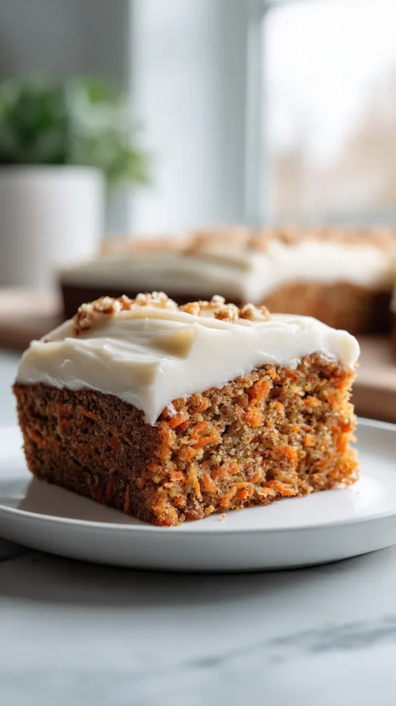 Overhead hero image of a moist rectangular slice of carrot cake on a white plate, topped with thick cream cheese frosting, with a fork lifting a bite above the slice on a white marble kitchen counter.