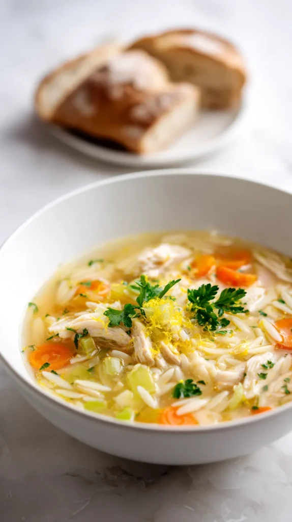lemon chicken orzo soup with a side of rustic bread