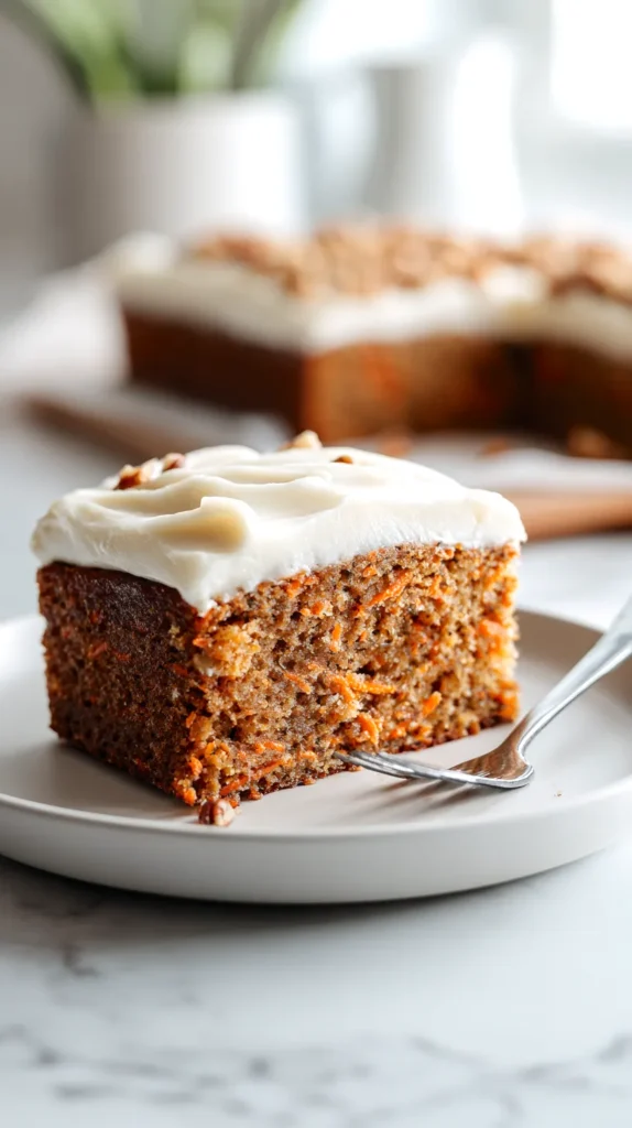 Overhead photo of a rectangular piece of carrot cake on a white plate with creamy cream cheese frosting, a fork on the plate, set on a bright white marble countertop in a kitchen.