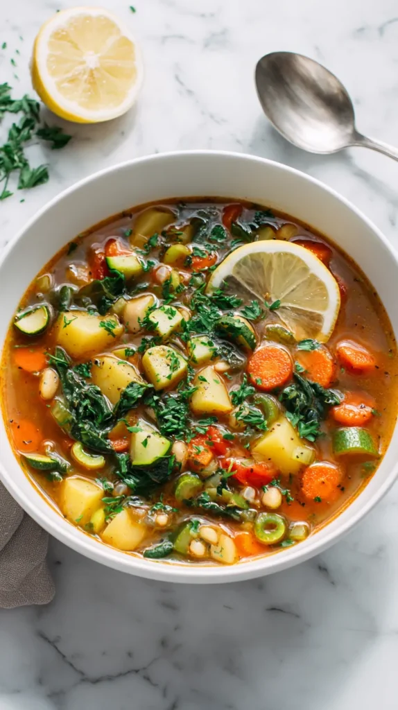 Overhead view of Mediterranean vegetable soup in a white bowl, showing diced potatoes with skin, carrot coins, zucchini slices, celery, spinach, and white beans in tomato broth