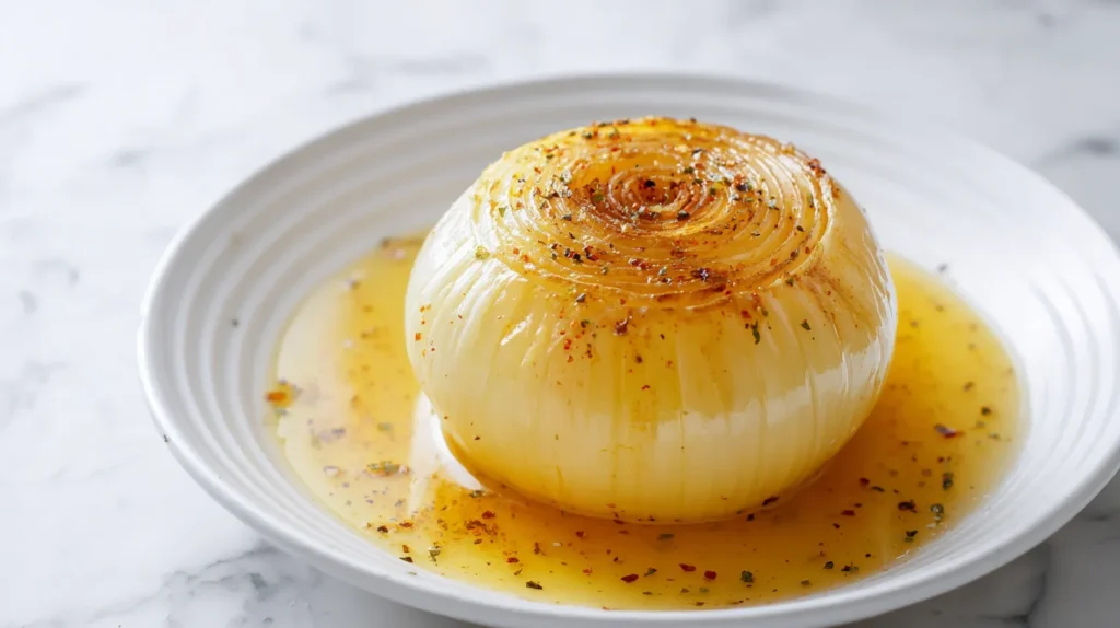 Overhead view of a whole yellow onion gently simmered in butter and water, served intact on a white ceramic plate with golden seasoned butter broth pooling around it, soft translucent layers visible, Old Bay seasoning suspended in the liquid, set on a white marble countertop in bright natural light.