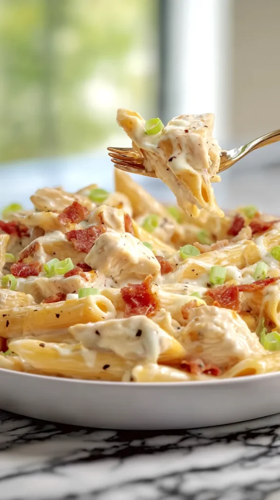 Fork lifting a bite of creamy chicken bacon ranch pasta above a white plate, with penne coated in ranch cheese sauce, bacon bits, and green onions on a white marble kitchen countertop.