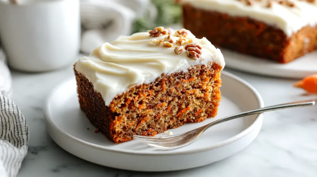 Overhead photo of a rectangular piece of carrot cake on a white plate with creamy cream cheese frosting, a fork, set on a bright white marble countertop in a kitchen.