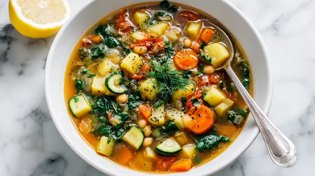 Overhead view of Mediterranean vegetable soup in a white bowl with a spoon resting inside, showing unpeeled potato cubes, carrot coins, zucchini slices, celery, spinach, and cannellini beans in a rich tomato broth