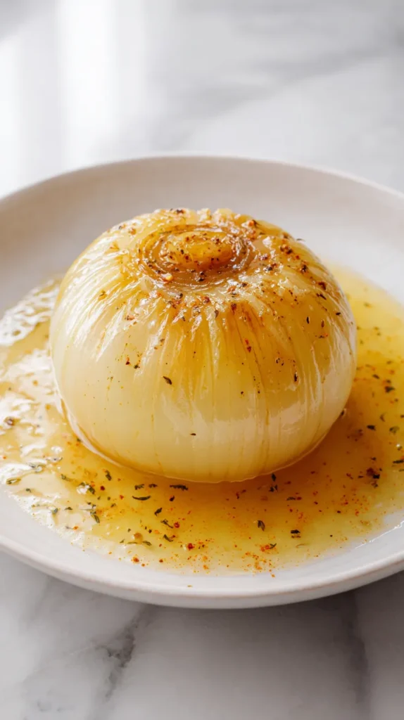 Overhead view of a whole yellow onion gently simmered in butter and water, served intact on a white ceramic plate with golden seasoned butter broth pooling around it, soft translucent layers visible, Old Bay seasoning suspended in the liquid, set on a white marble countertop in bright natural light.