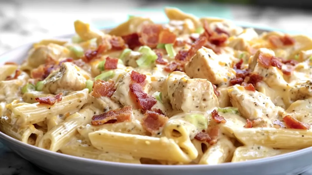 Creamy chicken bacon ranch pasta on a white plate, topped with crisp bacon pieces and sliced green onions, photographed on a white marble kitchen countertop with a softly blurred background.