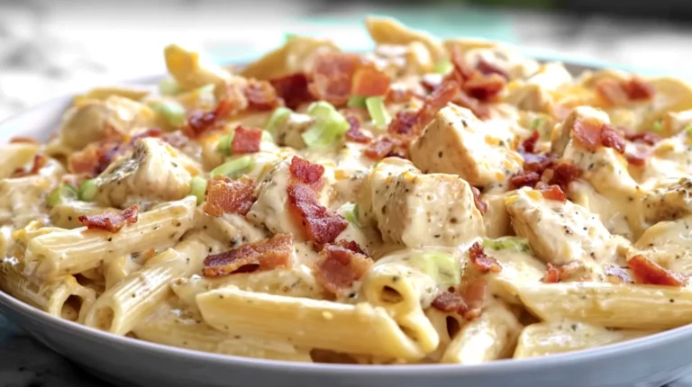 Creamy chicken bacon ranch pasta on a white plate, topped with crisp bacon pieces and sliced green onions, photographed on a white marble kitchen countertop with a softly blurred background.