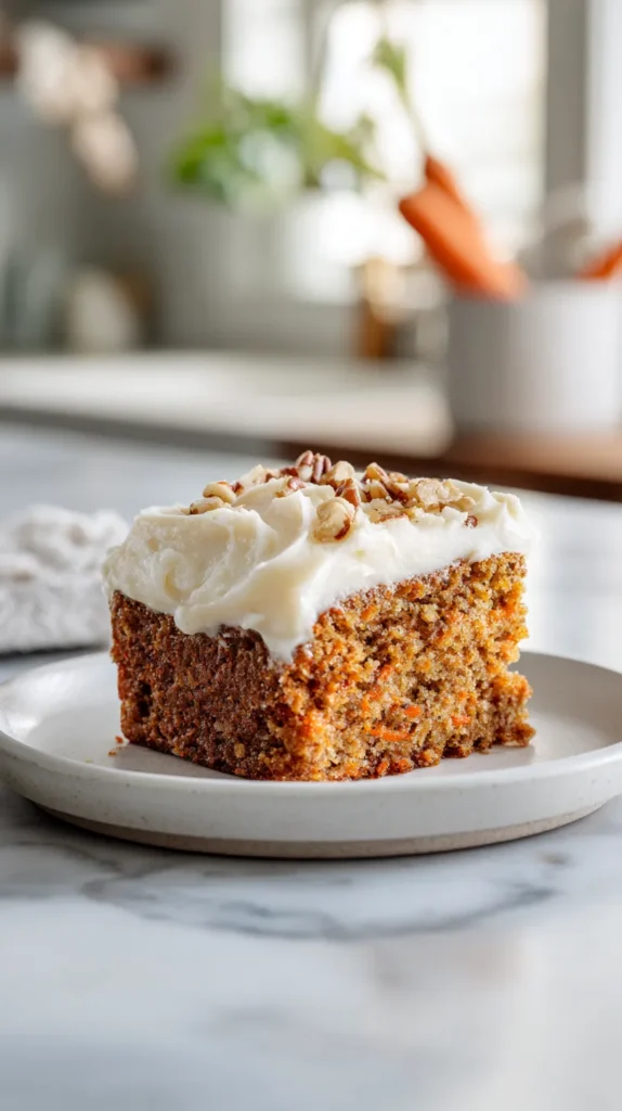 Overhead hero image of a moist rectangular slice of carrot cake on a white plate, topped with thick cream cheese frosting, with a fork lifting a bite above the slice on a white marble kitchen counter.