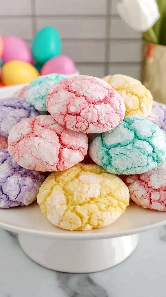 crinkle pastel cookies on a white cookie platter