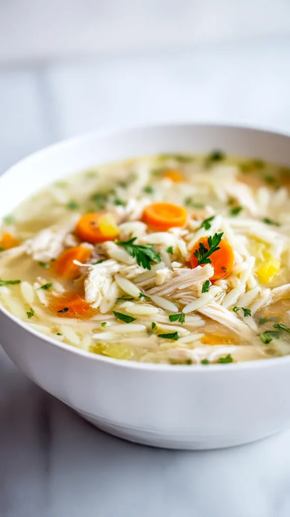 lemon chicken orzo soup, in a white bowl