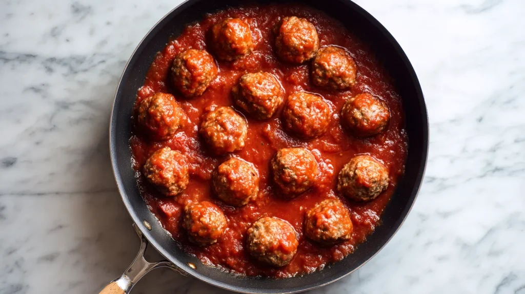 meatballs in red sauce in a large skillet