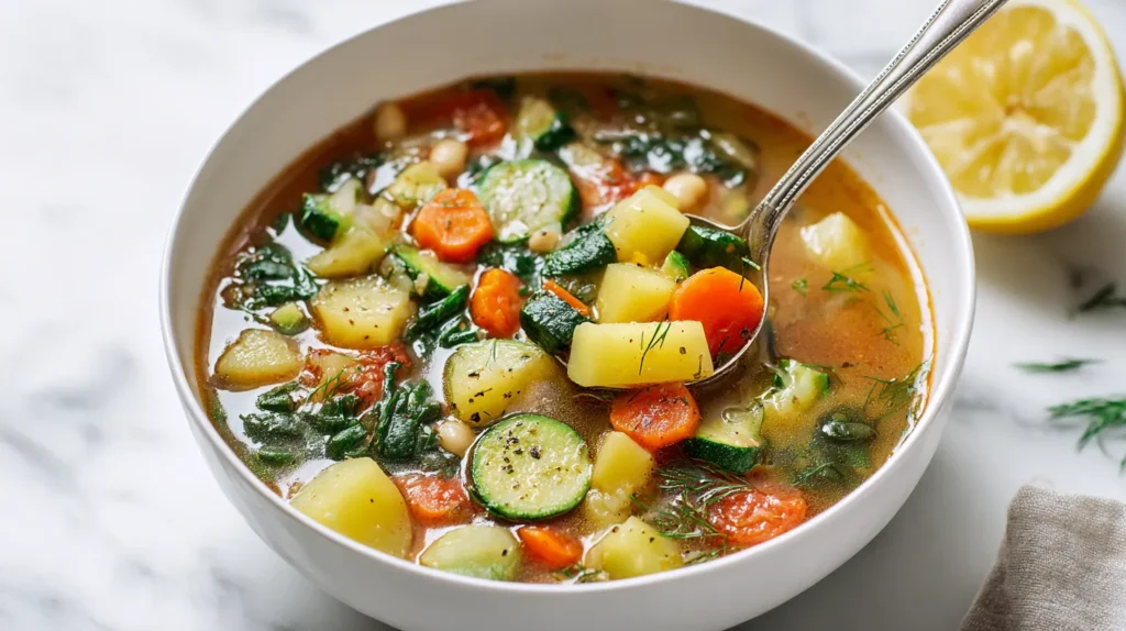 Overhead view of Mediterranean vegetable soup in a white bowl with potatoes, carrots, zucchini, spinach, and cannellini beans on a marble counter