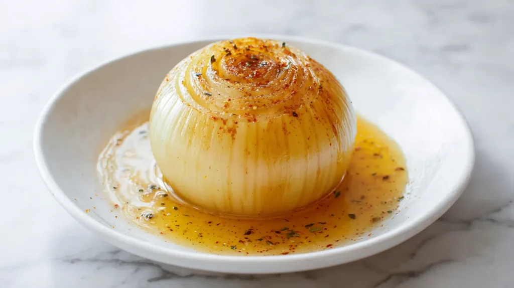 Overhead view of a whole yellow onion gently simmered in butter and water, served intact on a white ceramic plate with golden seasoned butter broth pooling around it, soft translucent layers visible, Old Bay seasoning suspended in the liquid, set on a white marble countertop in bright natural light.