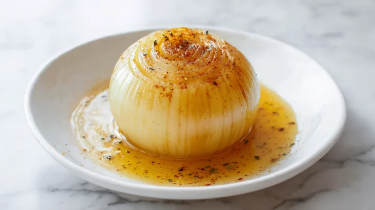 Close-up overhead view of a fork lifting a tender layer from a butter-simmered whole yellow onion, golden seasoned butter broth pooling on a white plate, soft translucent layers visible on a white marble countertop in natural light.