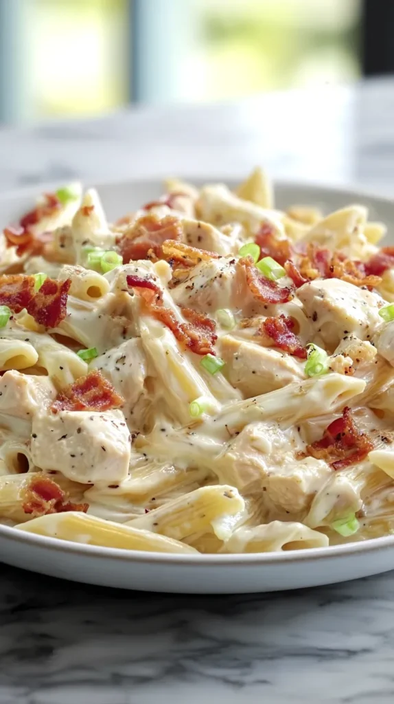 Chicken bacon ranch pasta served on a white plate, with creamy ranch cheese sauce coating penne, topped with bacon pieces, black pepper, and sliced green onions on a white marble kitchen countertop.