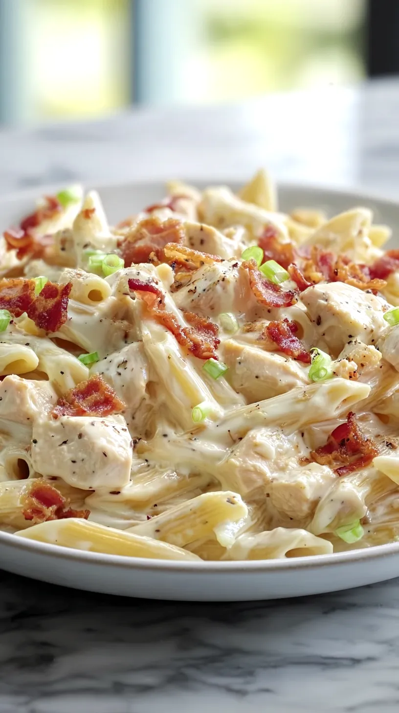 Chicken bacon ranch pasta served on a white plate, with creamy ranch cheese sauce coating penne, topped with bacon pieces, black pepper, and sliced green onions on a white marble kitchen countertop.