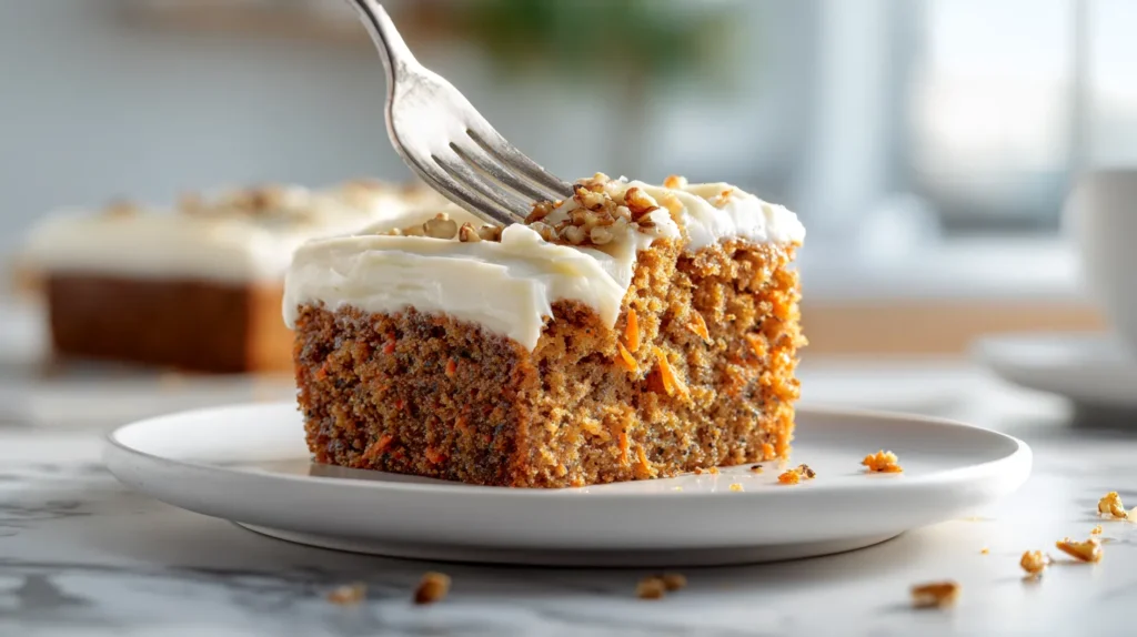 Overhead hero image of a moist rectangular slice of carrot cake on a white plate, topped with thick cream cheese frosting, with a fork lifting a bite above the slice on a white marble kitchen counter.