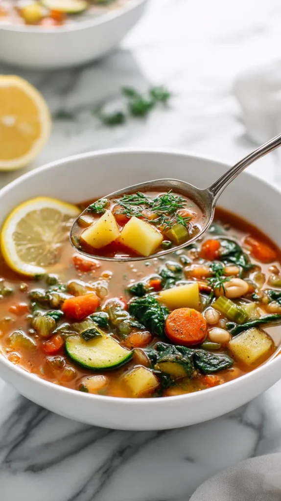 Silver spoon lifting Mediterranean vegetable soup above the bowl, showing unpeeled potato cubes, carrot coins, zucchini, celery, spinach, and cannellini beans in rich tomato broth
