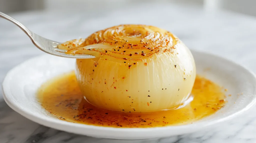 Close-up overhead view of a fork lifting a tender layer from a butter-simmered whole yellow onion, golden seasoned butter broth pooling on a white plate, soft translucent layers visible on a white marble countertop in natural light.