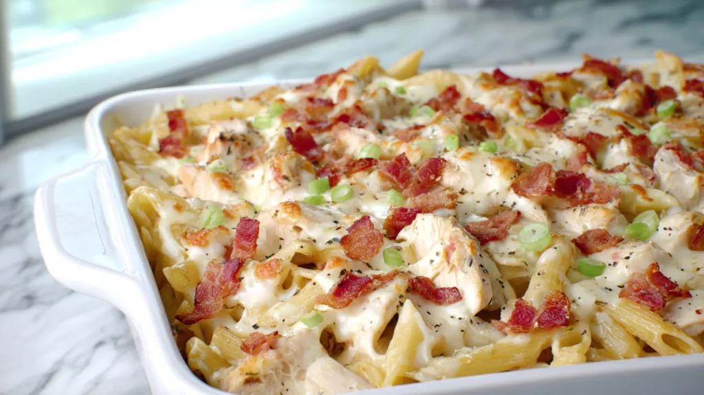 Creamy chicken bacon ranch pasta on a white plate, topped with crisp bacon pieces and sliced green onions, photographed on a white marble kitchen countertop with a softly blurred background. In a white baking dish. 