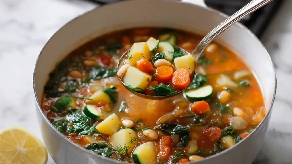 Mediterranean vegetable soup simmering in a white pot with a ladle lifting potatoes, carrots, zucchini, spinach, and cannellini beans from a tomato-based broth