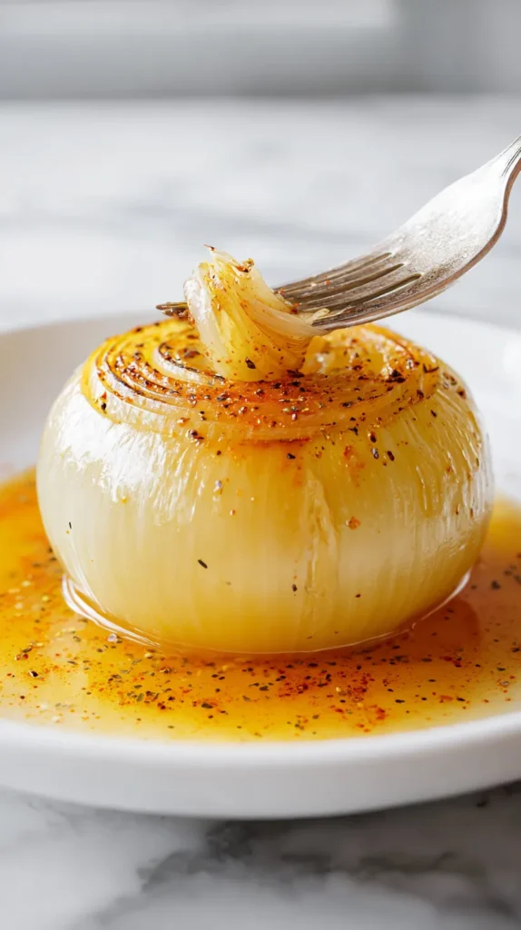 Close-up overhead view of a fork lifting a tender layer from a butter-simmered whole yellow onion, golden seasoned butter broth pooling on a white plate, soft translucent layers visible on a white marble countertop in natural light.