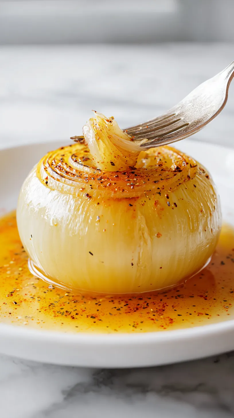 Close-up overhead view of a fork lifting a tender layer from a butter-simmered whole yellow onion, golden seasoned butter broth pooling on a white plate, soft translucent layers visible on a white marble countertop in natural light.
