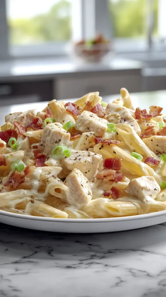 Creamy chicken bacon ranch pasta on a white plate, topped with crisp bacon pieces and sliced green onions, photographed on a white marble kitchen countertop with a softly blurred background.