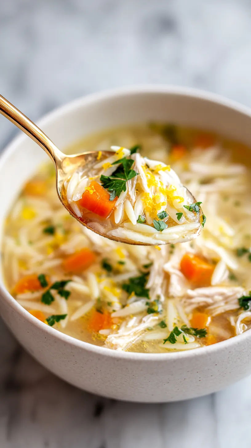 lemon chicken orzo soup, spoon scooping up a bite