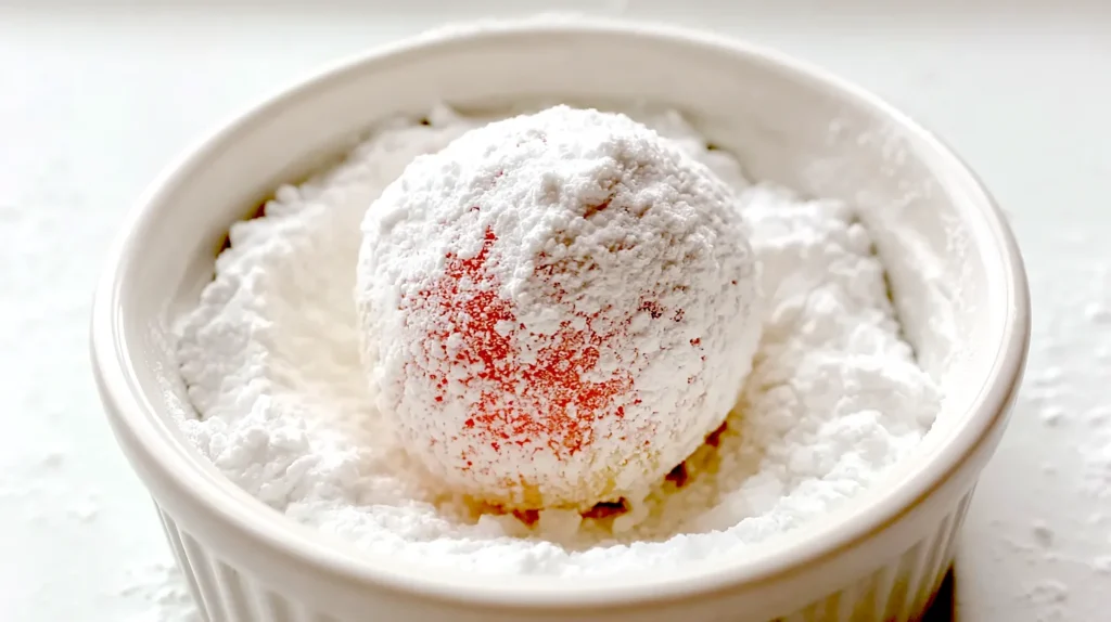 rolling pink dough ball in powdered sugar