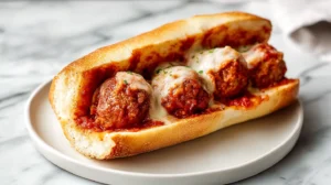 meatball sub on a white plate on a kitchen counter