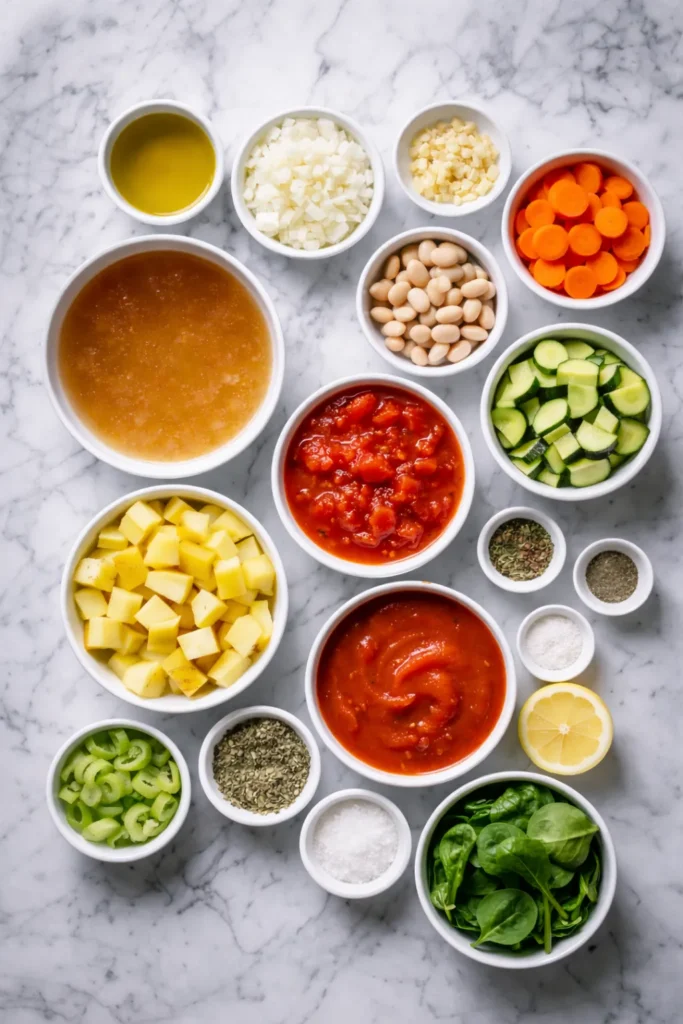 Overhead photo of the ingredients for Mediterranean vegetable soup arranged in small bowls on a white marble countertop