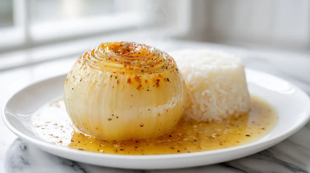 Overhead view of a whole butter-simmered yellow onion served beside a mound of fluffy white rice on a white plate, golden seasoned butter broth pooling around the onion and lightly touching the rice, set on a white marble countertop in natural light.