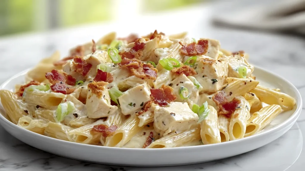 Chicken bacon ranch pasta served on a white plate, with creamy ranch cheese sauce coating penne, topped with bacon pieces, black pepper, and sliced green onions on a white marble kitchen countertop.