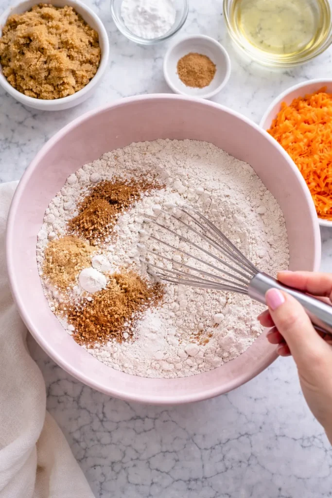whisking dry ingredients together in a pink mixing bowl