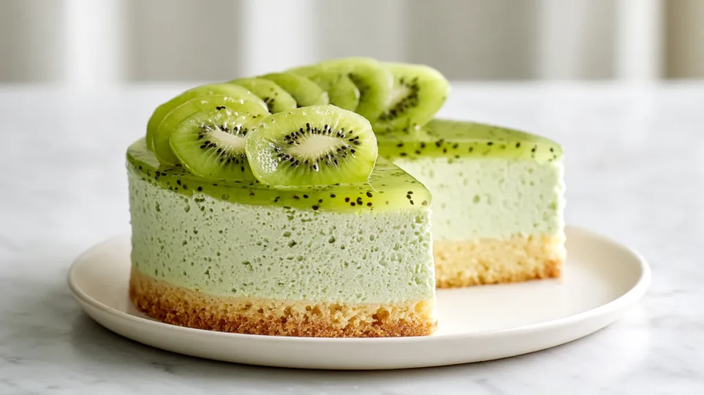 kiwi mousse cake with one large slice missing 