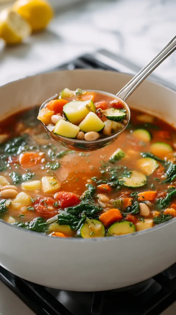 Mediterranean vegetable soup simmering in a white pot with a ladle lifting potatoes, carrots, zucchini, spinach, and cannellini beans from a tomato-based broth