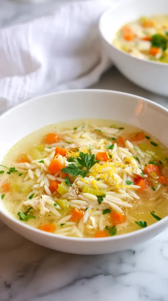 lemon chicken orzo soup, two bowls, kitchen towel