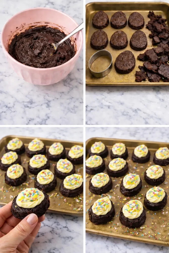 Four-panel collage of deviled egg brownies with brownie batter in a pink bowl, egg-shaped brownies on a gold baking sheet, and finished brownies topped with yellow icing and pastel sprinkles.