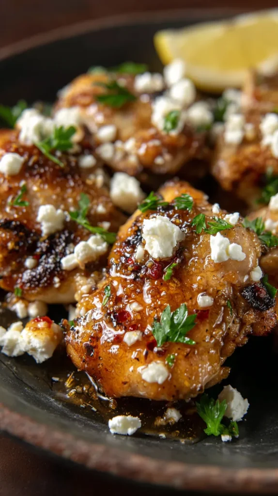 Hot honey feta chicken on a plate, with caramelized roasted thighs glazed in sticky spicy honey sauce, topped with crumbled feta, red pepper flakes, and chopped parsley.