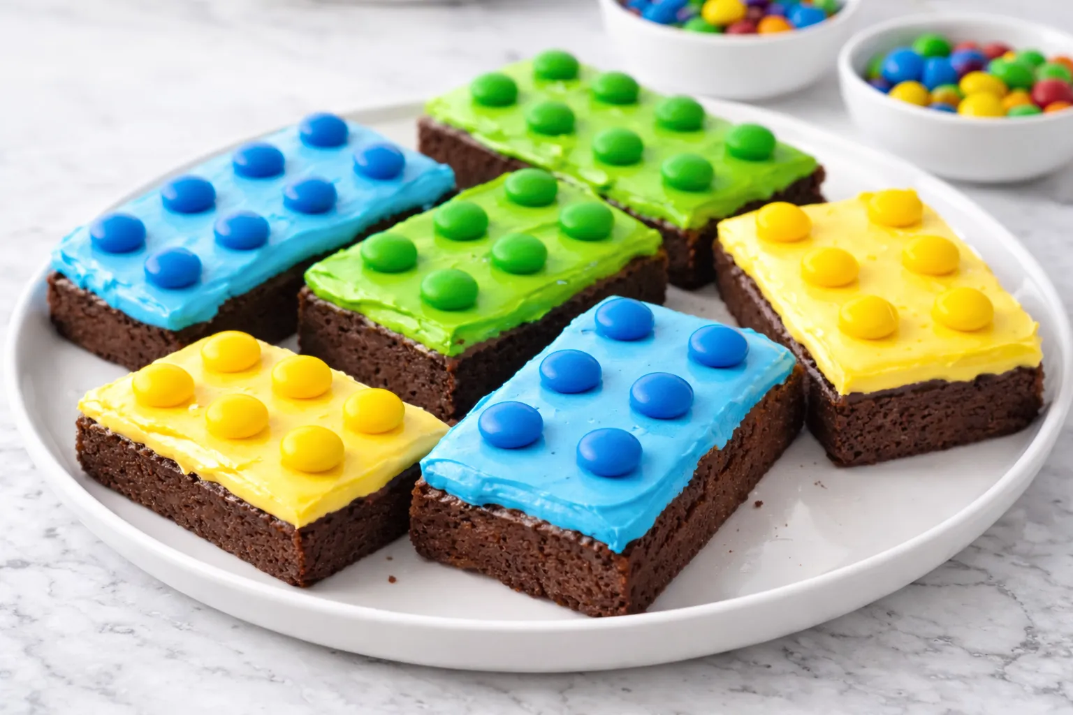 Rectangular homemade chocolate brownies frosted in bright blue, green, and yellow icing with matching candy pieces, arranged on a white plate on a white marble counter.