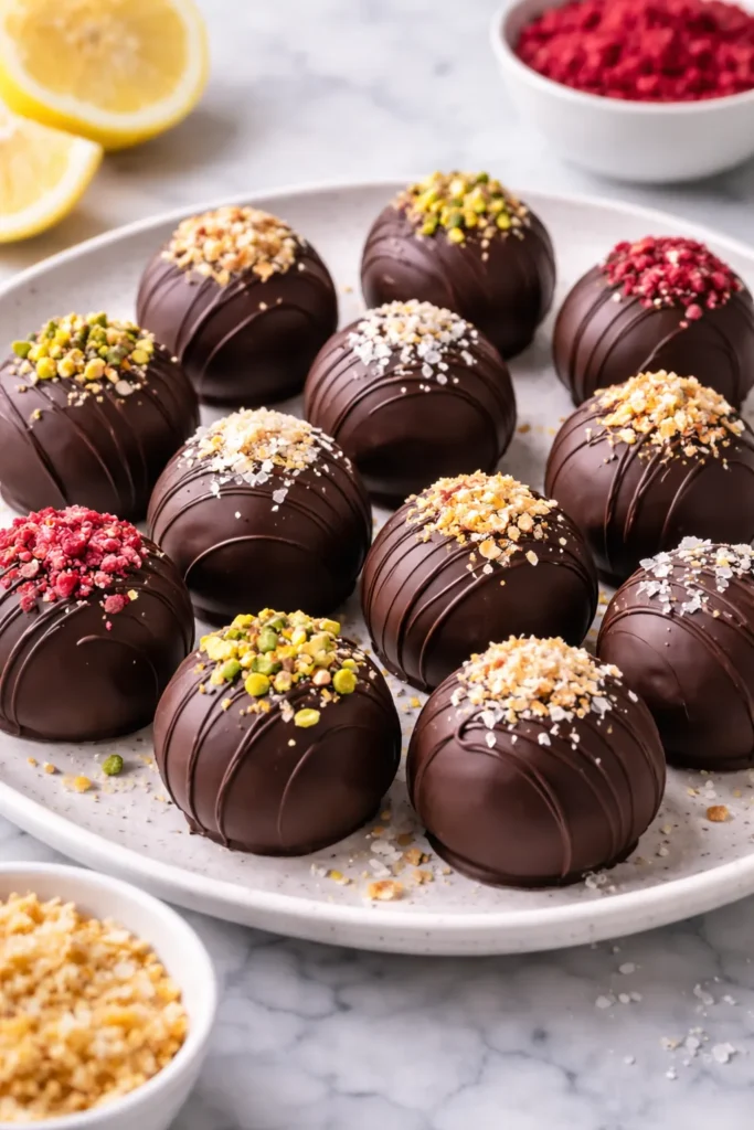 Dark chocolate lemon truffles on a speckled white plate with chocolate drizzle and toppings like vanilla wafer crumbs, pistachios, freeze dried raspberries, toasted coconut, and flaky salt on a marble countertop.
