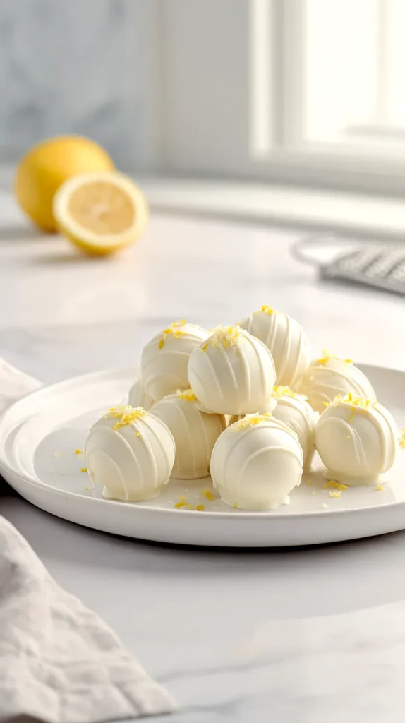 White chocolate lemon truffles on a white plate, all intact and uncut, with thin white chocolate drizzle and a light sprinkle of lemon zest and vanilla wafer crumbs on a white marble countertop.