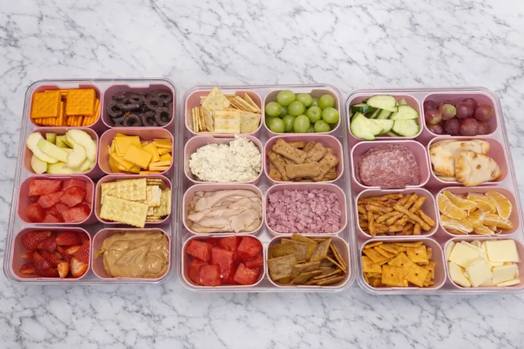 A pink snackle box filled with sweet and salty snacks in separate compartments