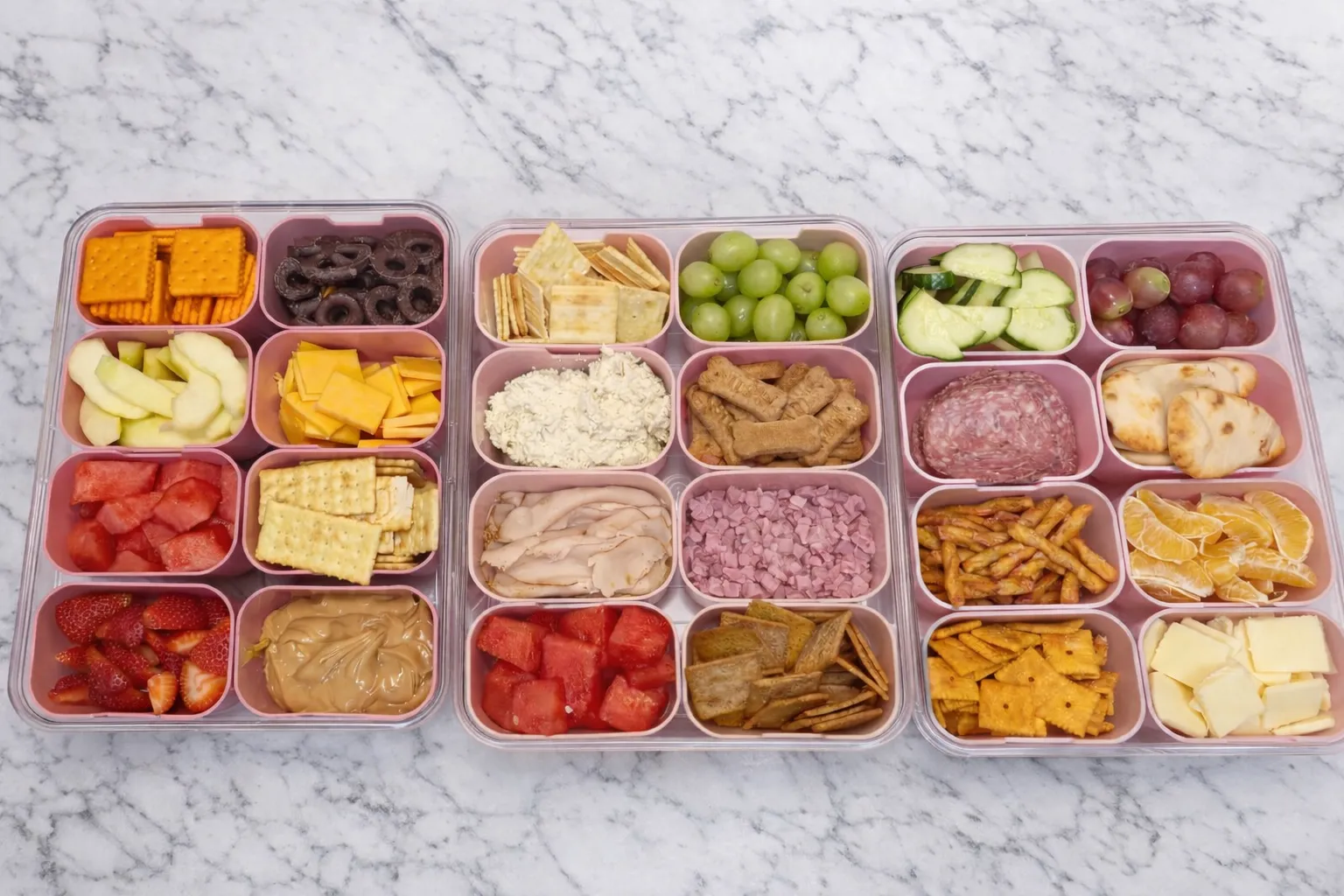 A pink snackle box filled with sweet and salty snacks in separate compartments