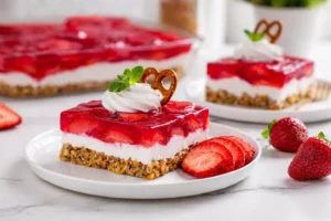 Slice of strawberry pretzel salad on a white plate with whipped topping, mint, and sliced strawberries on a white marble kitchen counter