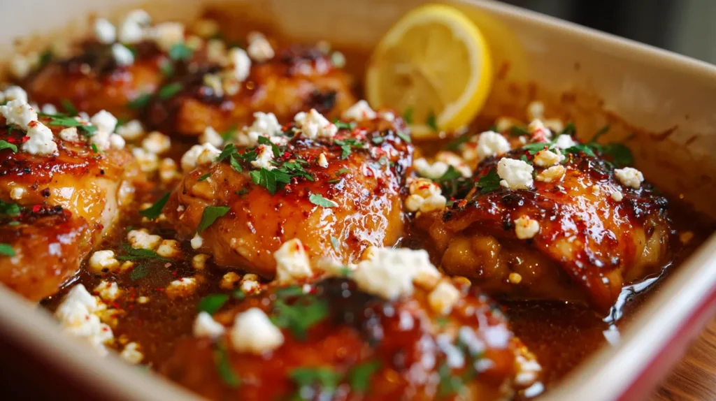 Hot honey feta chicken finished in the baking dish, with caramelized roasted thighs in a glossy spicy honey glaze, topped with crumbled feta and chopped parsley.
