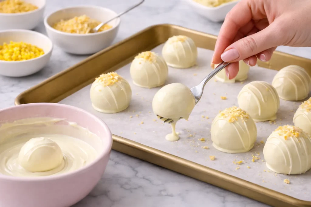 Female hand with pink manicure dipping a lemon truffle into melted white chocolate before topping, with coated truffles on a gold baking sheet and pink mixing bowl on a marble countertop.