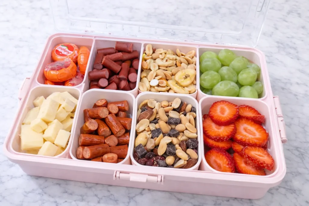 A snackle box with neatly arranged grab-and-go snacks for travel or parties